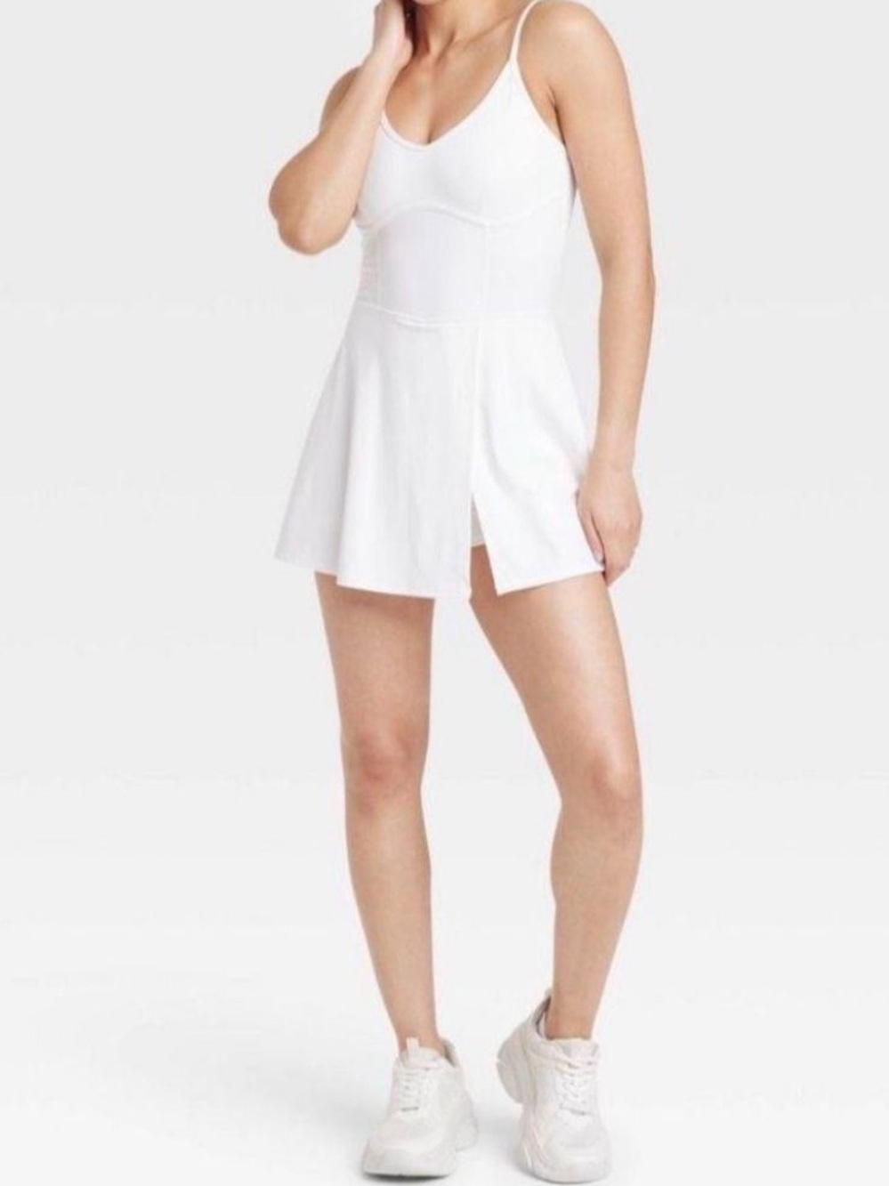JoyLab White Sleeveless Corset Romper Dress with Skirted Shorts